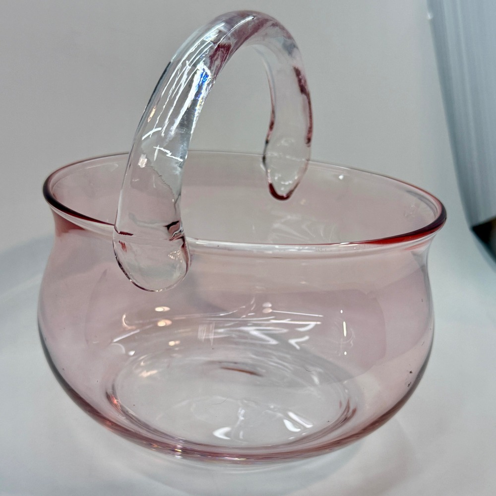 Blush Pink Hand Blown Crystal Glass Basket Vase, Tea Serving Bowl, Cottagecore - Picture 2 of 14